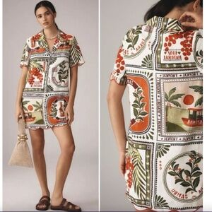 Farm Rio x Anthropologie Scalloped Shirt Dress Size Small Linen Blend Tropical